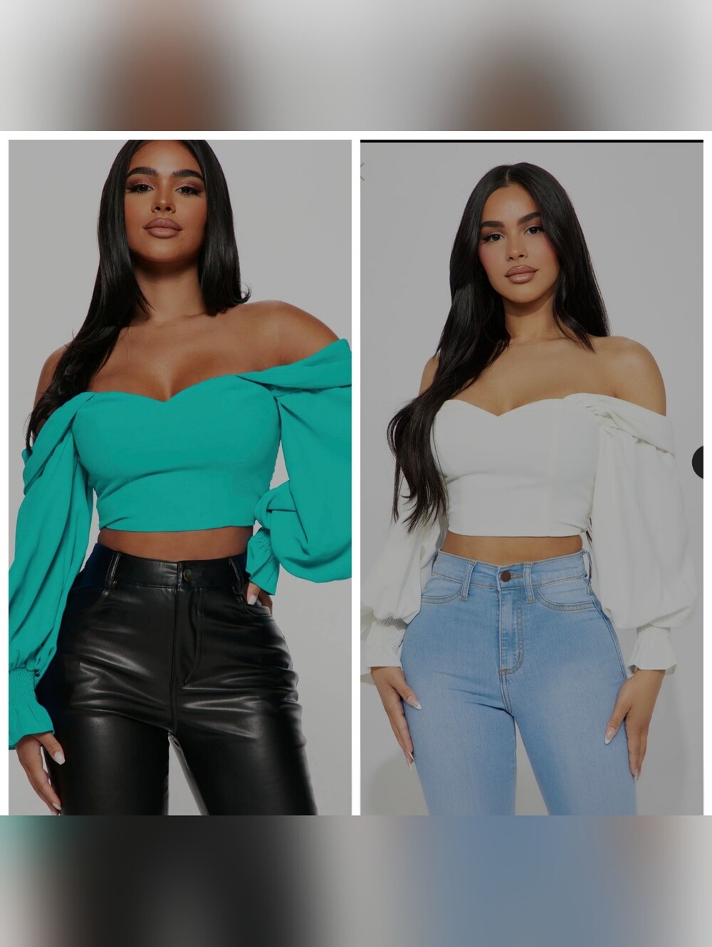 Off-Shoulder Puff Sleeve Crop Top in Teal and White Fashion Nova